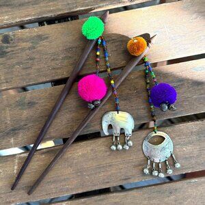 Vintage colorful pair of wood boho festival juda hair bun sticks chopsticks